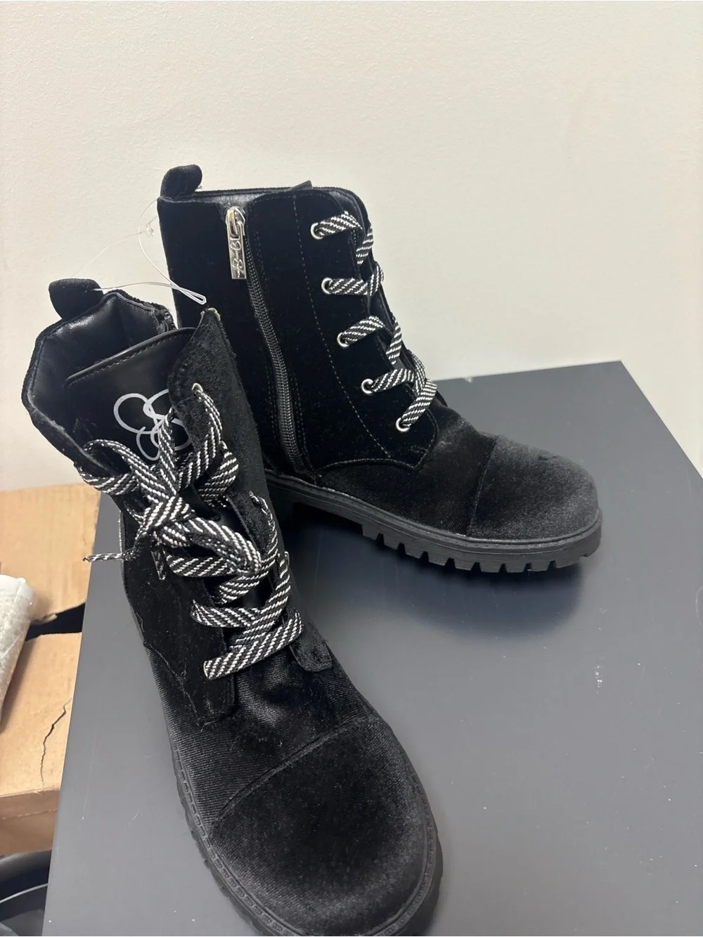 Women's Black Velvet Combat Boots with Contrast Laces